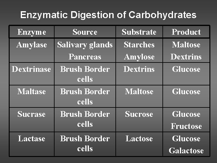 Enzymatic Digestion of Carbohydrates Enzyme Amylase Source Salivary glands Pancreas Dextrinase Brush Border cells