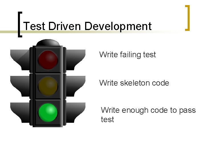 Test Driven Development Write failing test Write skeleton code Write enough code to pass