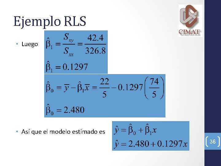 Ejemplo RLS • Luego • Así que el modelo estimado es 36 