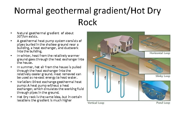Normal geothermal gradient/Hot Dry Rock • • • Natural geothermal gradient of about 30°/km