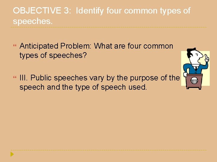 OBJECTIVE 3: Identify four common types of speeches. Anticipated Problem: What are four common OBJECTIVE 3: Identify four common types of speeches. Anticipated Problem: What are four common