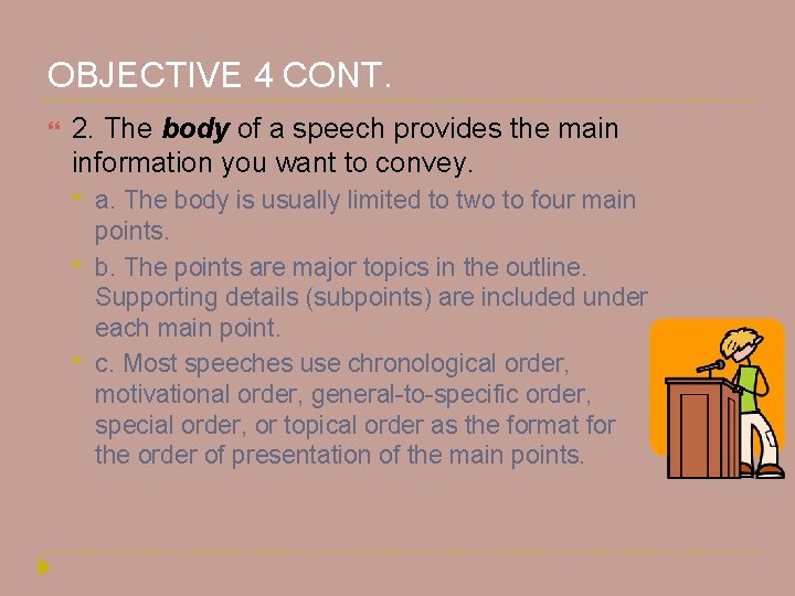 OBJECTIVE 4 CONT. 2. The body of a speech provides the main information you OBJECTIVE 4 CONT. 2. The body of a speech provides the main information you
