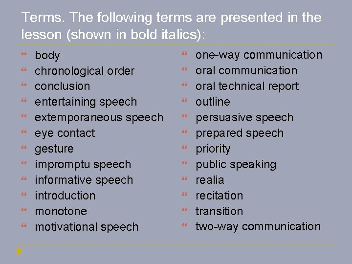 Terms. The following terms are presented in the lesson (shown in bold italics): body Terms. The following terms are presented in the lesson (shown in bold italics): body