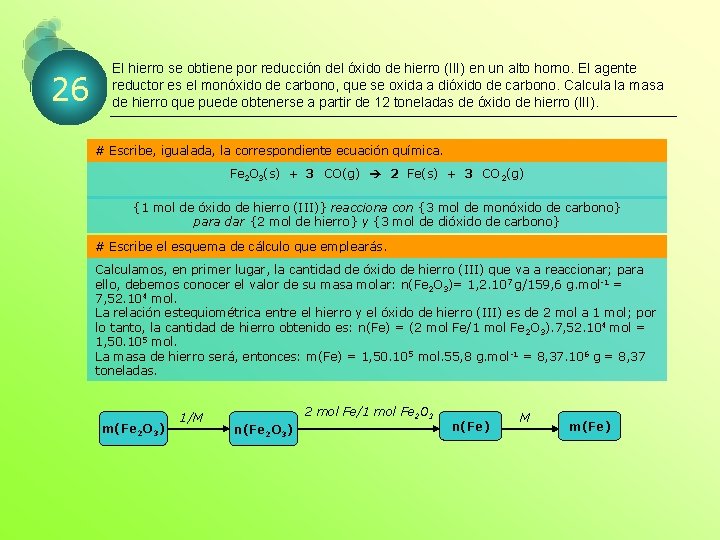 26 El hierro se obtiene por reducción del óxido de hierro (III) en un