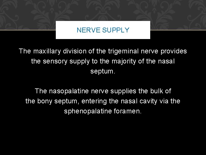 NERVE SUPPLY The maxillary division of the trigeminal nerve provides the sensory supply to