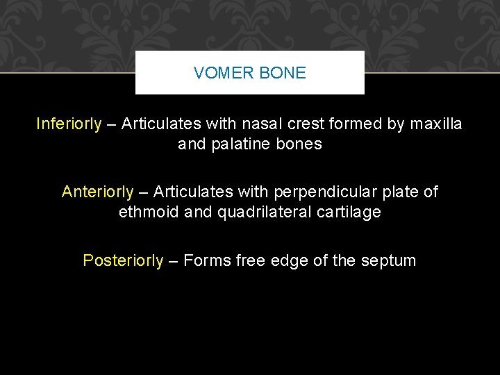 VOMER BONE Inferiorly – Articulates with nasal crest formed by maxilla and palatine bones