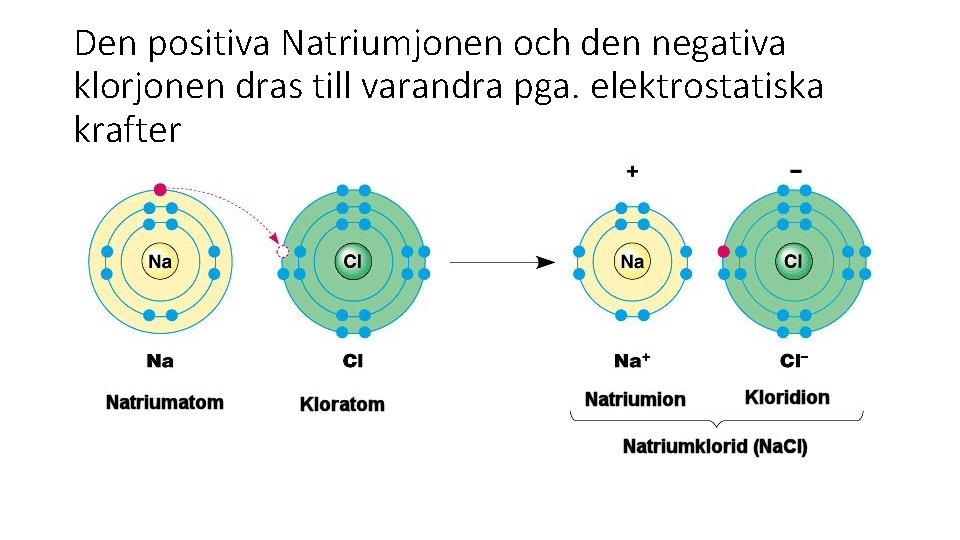 Den positiva Natriumjonen och den negativa klorjonen dras till varandra pga. elektrostatiska krafter 