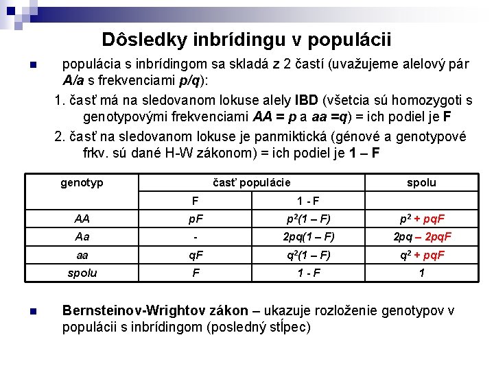 Dôsledky inbrídingu v populácii n populácia s inbrídingom sa skladá z 2 častí (uvažujeme Dôsledky inbrídingu v populácii n populácia s inbrídingom sa skladá z 2 častí (uvažujeme