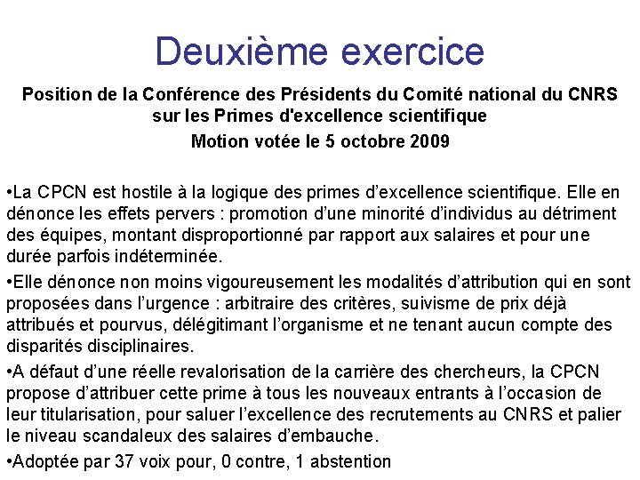 Deuxième exercice Position de la Conférence des Présidents du Comité national du CNRS sur