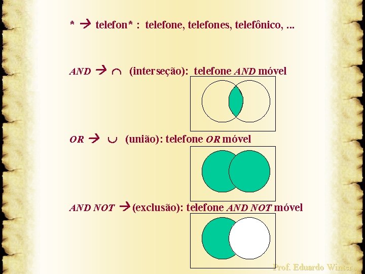 * telefon* : telefone, telefones, telefônico, . . . AND OR (interseção): telefone AND
