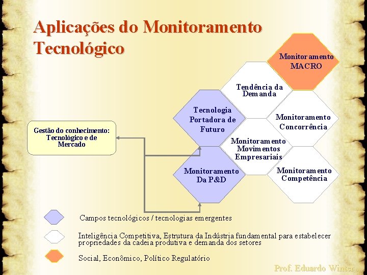 Aplicações do Monitoramento Tecnológico Monitoramento MACRO Tendência da Demanda Gestão do conhecimento: Tecnológico e