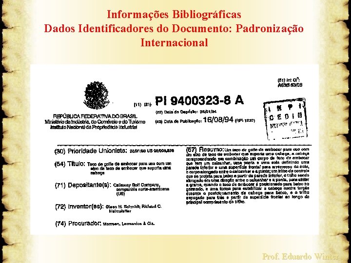 Informações Bibliográficas Dados Identificadores do Documento: Padronização Internacional Prof. Eduardo Winter 