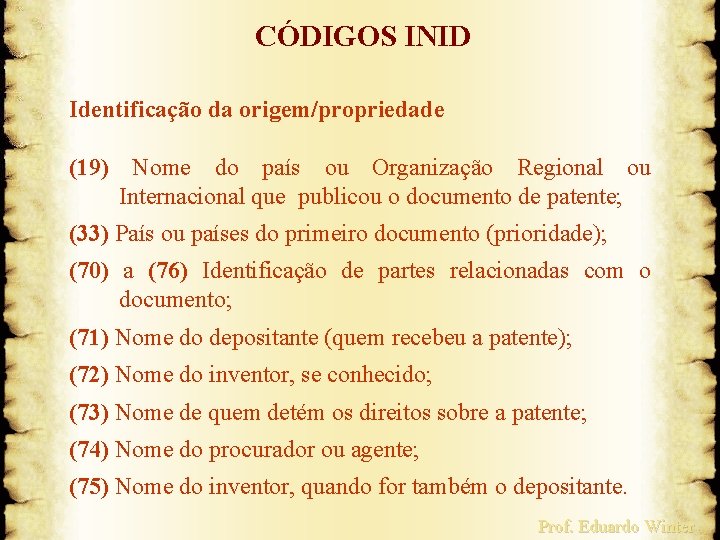 CÓDIGOS INID Identificação da origem/propriedade (19) Nome do país ou Organização Regional ou Internacional