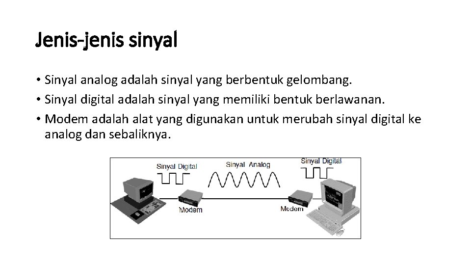 Jenis-jenis sinyal • Sinyal analog adalah sinyal yang berbentuk gelombang. • Sinyal digital adalah