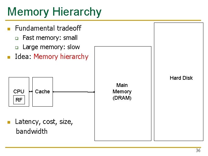 Memory Hierarchy n Fundamental tradeoff q q n Fast memory: small Large memory: slow