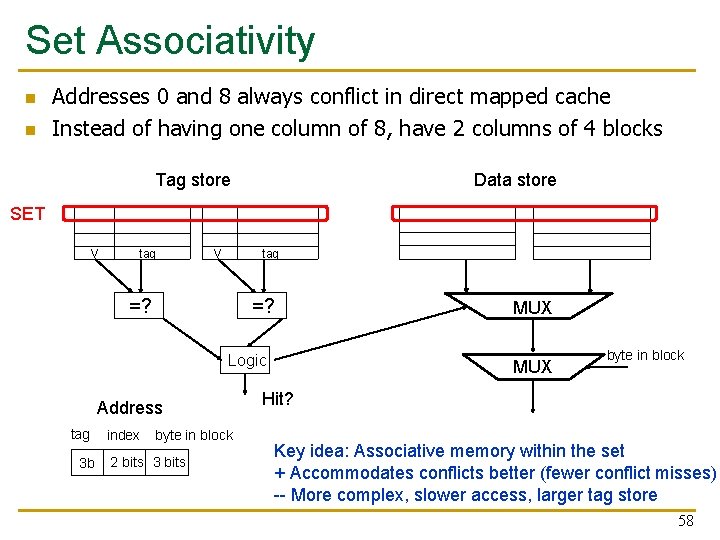 Set Associativity n n Addresses 0 and 8 always conflict in direct mapped cache