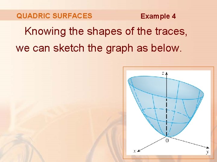 QUADRIC SURFACES Example 4 Knowing the shapes of the traces, we can sketch the