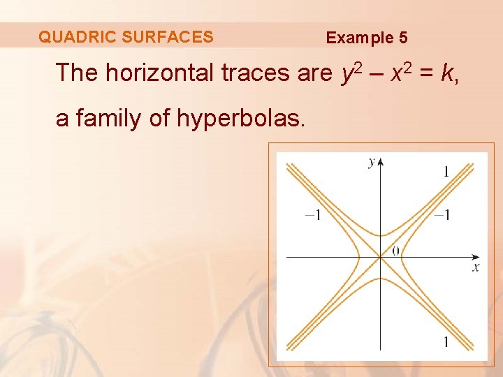 QUADRIC SURFACES Example 5 The horizontal traces are y 2 – x 2 =