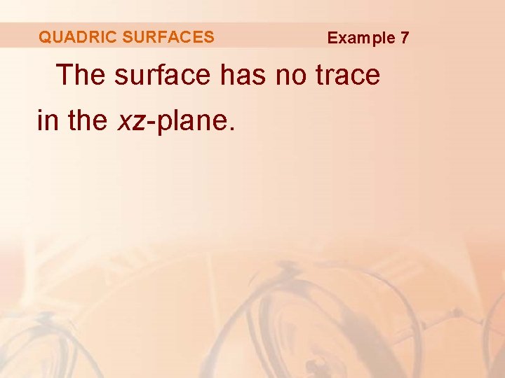 QUADRIC SURFACES Example 7 The surface has no trace in the xz-plane. 