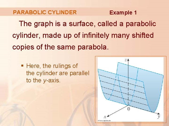 PARABOLIC CYLINDER Example 1 The graph is a surface, called a parabolic cylinder, made