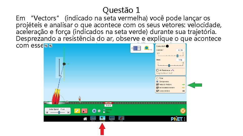 Questão 1 Em “Vectors” (indicado na seta vermelha) você pode lançar os projéteis e Questão 1 Em “Vectors” (indicado na seta vermelha) você pode lançar os projéteis e