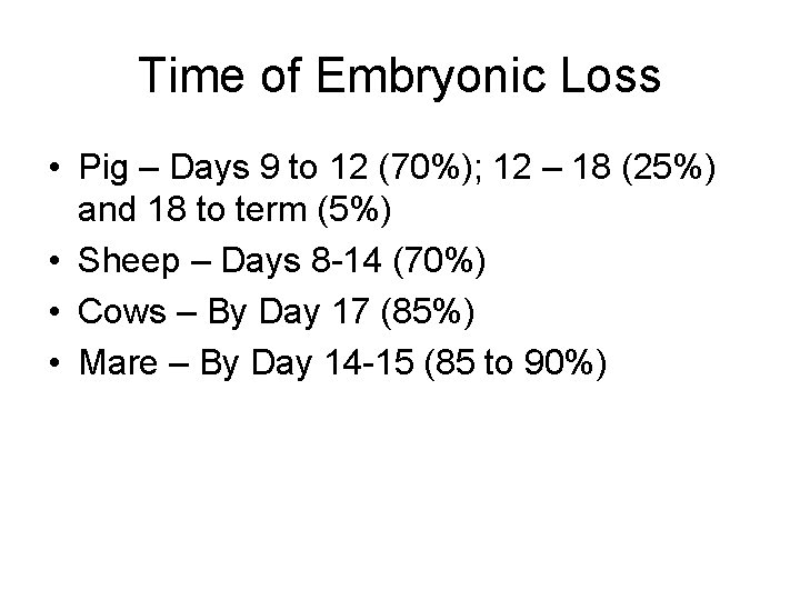 Time of Embryonic Loss • Pig – Days 9 to 12 (70%); 12 – Time of Embryonic Loss • Pig – Days 9 to 12 (70%); 12 –