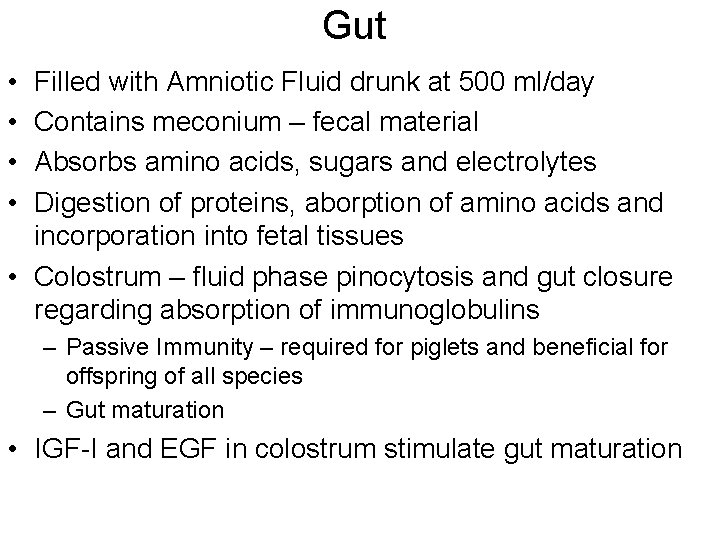 Gut • • Filled with Amniotic Fluid drunk at 500 ml/day Contains meconium – Gut • • Filled with Amniotic Fluid drunk at 500 ml/day Contains meconium –