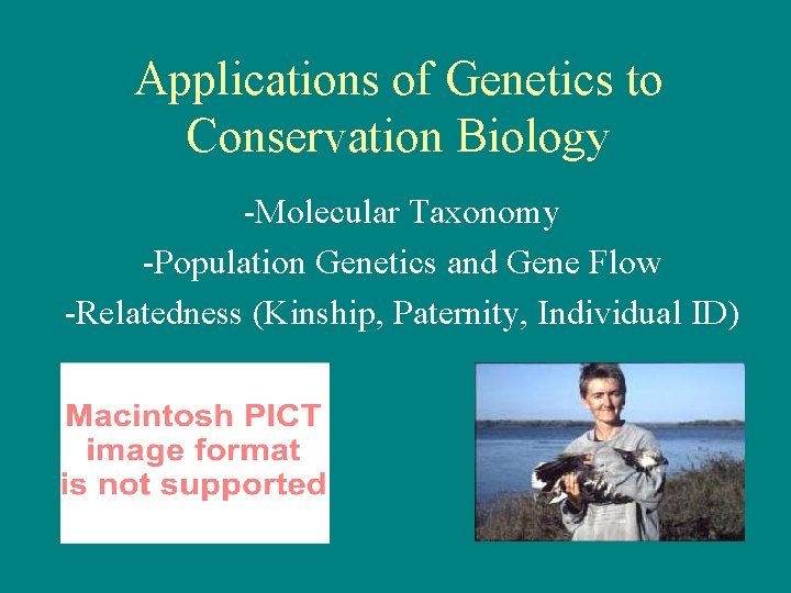 Applications of Genetics to Conservation Biology -Molecular Taxonomy -Population Genetics and Gene Flow -Relatedness