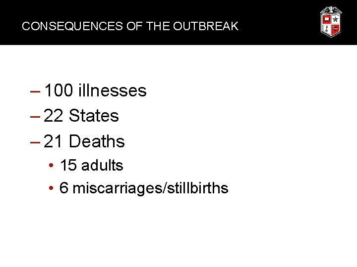 CONSEQUENCES OF THE OUTBREAK – 100 illnesses – 22 States – 21 Deaths •