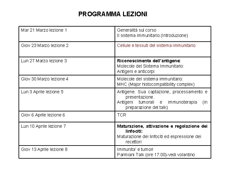 PROGRAMMA LEZIONI Mar 21 Marzo lezione 1 Generalità sul corso Il sistema immunitario (Introduzione)