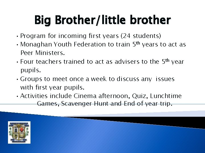 Big Brother/little brother • • • Program for incoming first years (24 students) Monaghan