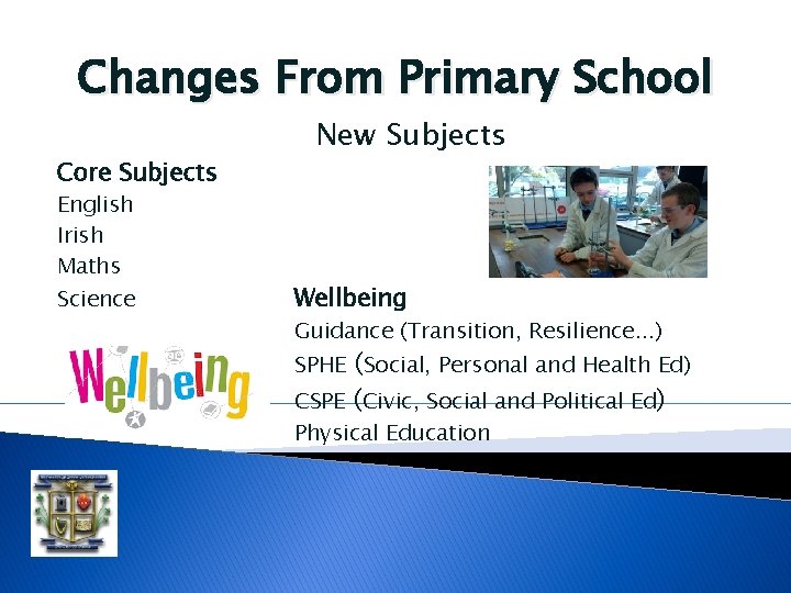 Changes From Primary School Core Subjects English Irish Maths Science New Subjects Wellbeing Guidance Changes From Primary School Core Subjects English Irish Maths Science New Subjects Wellbeing Guidance