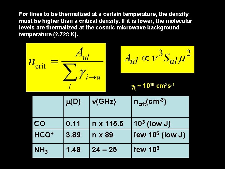 For lines to be thermalized at a certain temperature, the density must be higher