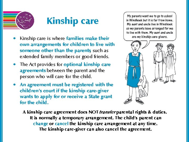Kinship care • Kinship care is where families make their own arrangements for children