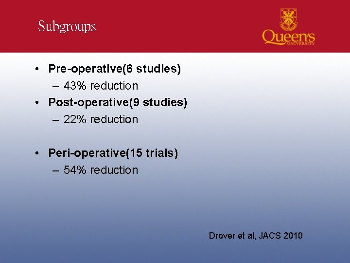Subgroups • Pre-operative(6 studies) – 43% reduction • Post-operative(9 studies) – 22% reduction •