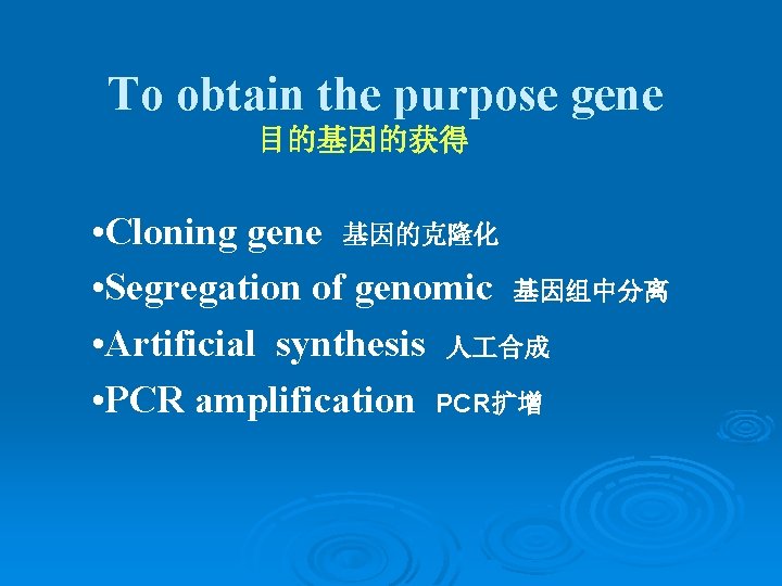 To obtain the purpose gene 目的基因的获得 • Cloning gene 基因的克隆化 • Segregation of genomic