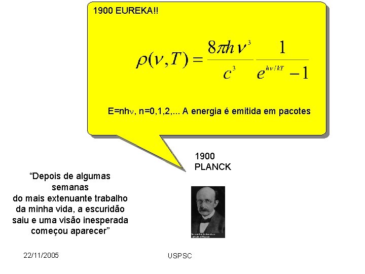 1900 EUREKA!! E=nh , n=0, 1, 2, . . . A energia é emitida