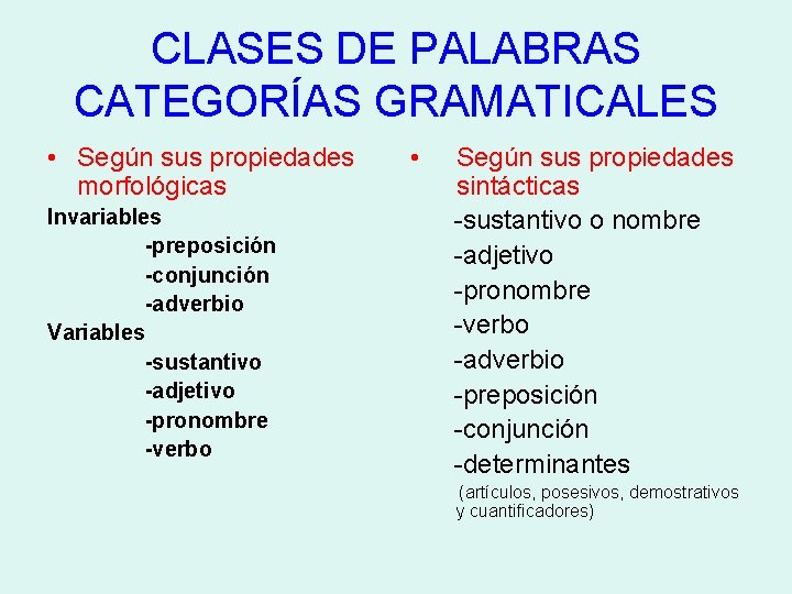 CLASES DE PALABRAS CATEGORÍAS GRAMATICALES • Según sus propiedades morfológicas Invariables -preposición -conjunción -adverbio