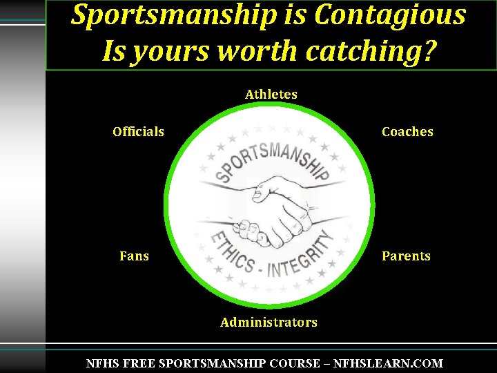 Sportsmanship is Contagious Is yours worth catching? Athletes Officials Coaches Fans Parents Administrators NFHS Sportsmanship is Contagious Is yours worth catching? Athletes Officials Coaches Fans Parents Administrators NFHS