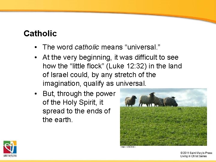 Catholic • The word catholic means “universal. ” • At the very beginning, it