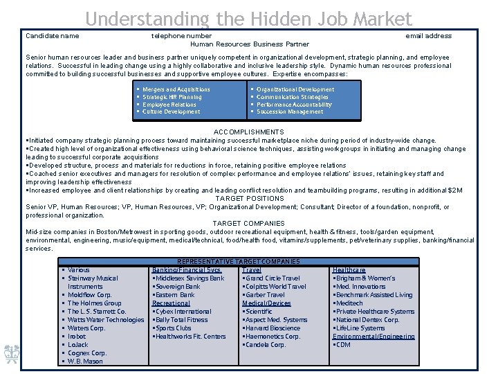 Understanding the Hidden Job Market Candidate name telephone number Human Resources Business Partner email