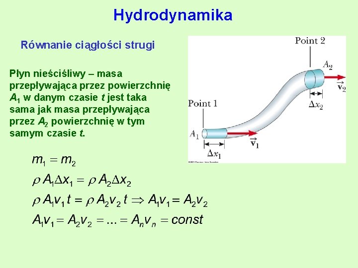Hydrodynamika Równanie ciągłości strugi Płyn nieściśliwy – masa przepływająca przez powierzchnię A 1 w