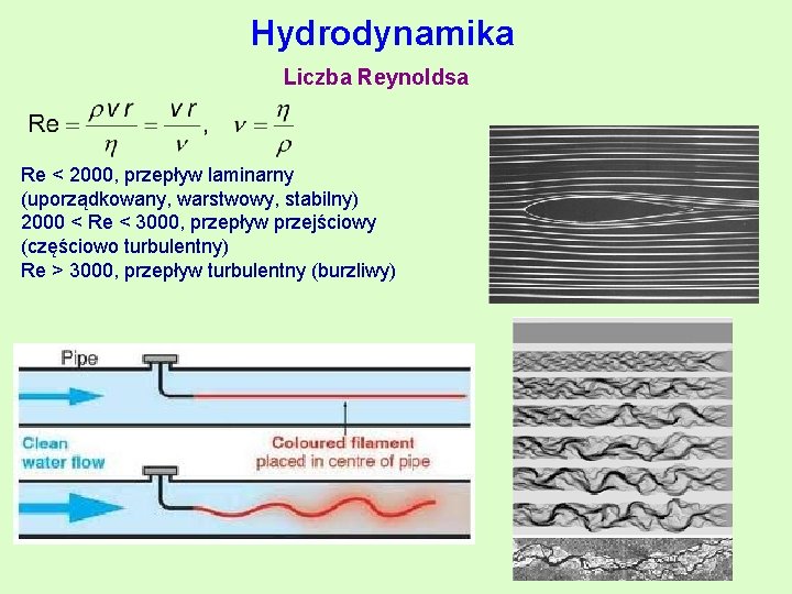 Hydrodynamika Liczba Reynoldsa Re < 2000, przepływ laminarny (uporządkowany, warstwowy, stabilny) 2000 < Re