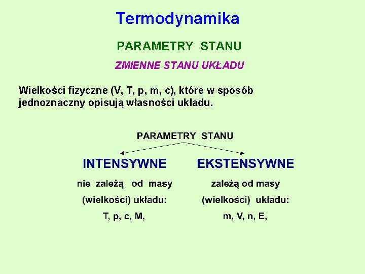 Termodynamika PARAMETRY STANU ZMIENNE STANU UKŁADU Wielkości fizyczne (V, T, p, m, c), które