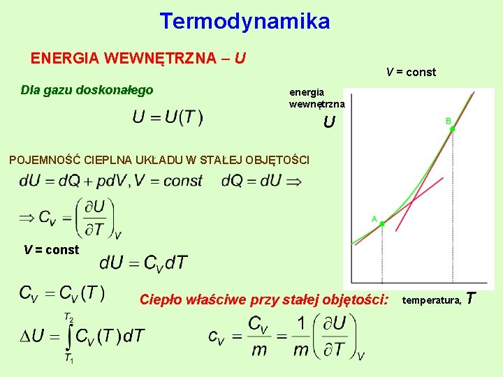 Termodynamika ENERGIA WEWNĘTRZNA – U Dla gazu doskonałego V = const energia wewnętrzna U