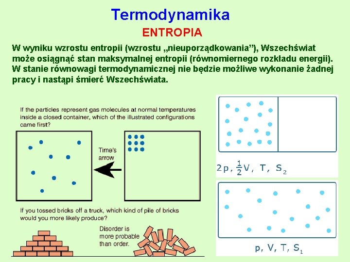 Termodynamika ENTROPIA W wyniku wzrostu entropii (wzrostu „nieuporządkowania”), Wszechświat może osiągnąć stan maksymalnej entropii