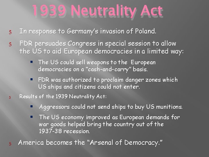 1939 Neutrality Act 5 5 In response to Germany’s invasion of Poland. FDR persuades