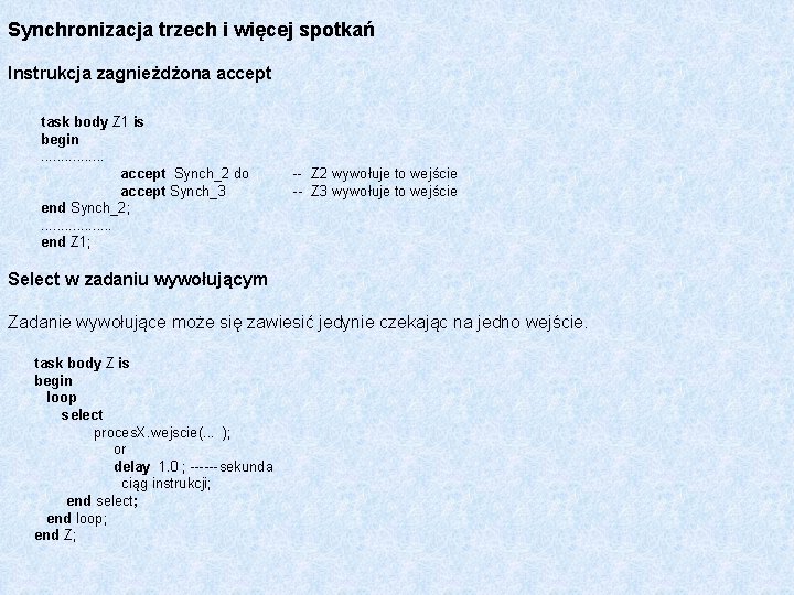 Synchronizacja trzech i więcej spotkań Instrukcja zagnieżdżona accept task body Z 1 is begin