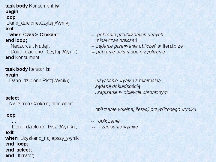 task body Konsument is begin loop Dane_dzielone. Czytaj(Wynik) exit when Czas > Czekam; pobranie