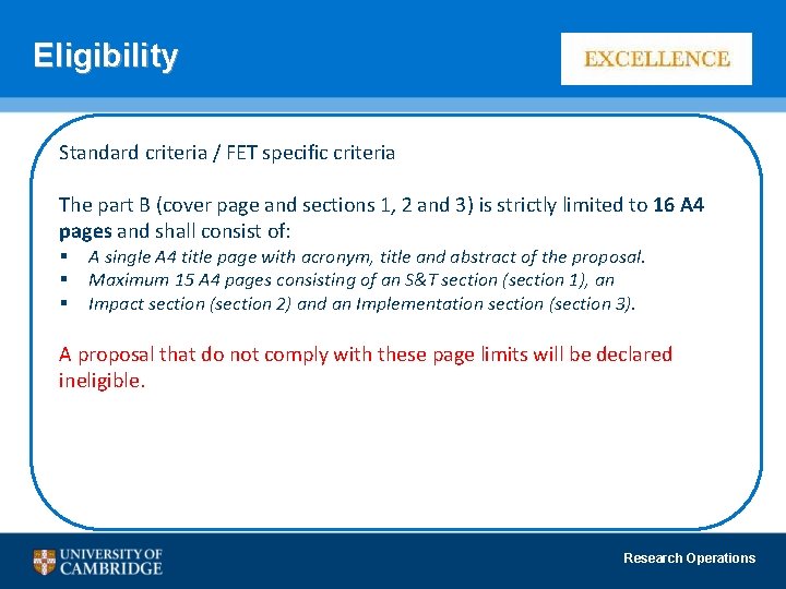 Eligibility Standard criteria / FET specific criteria The part B (cover page and sections